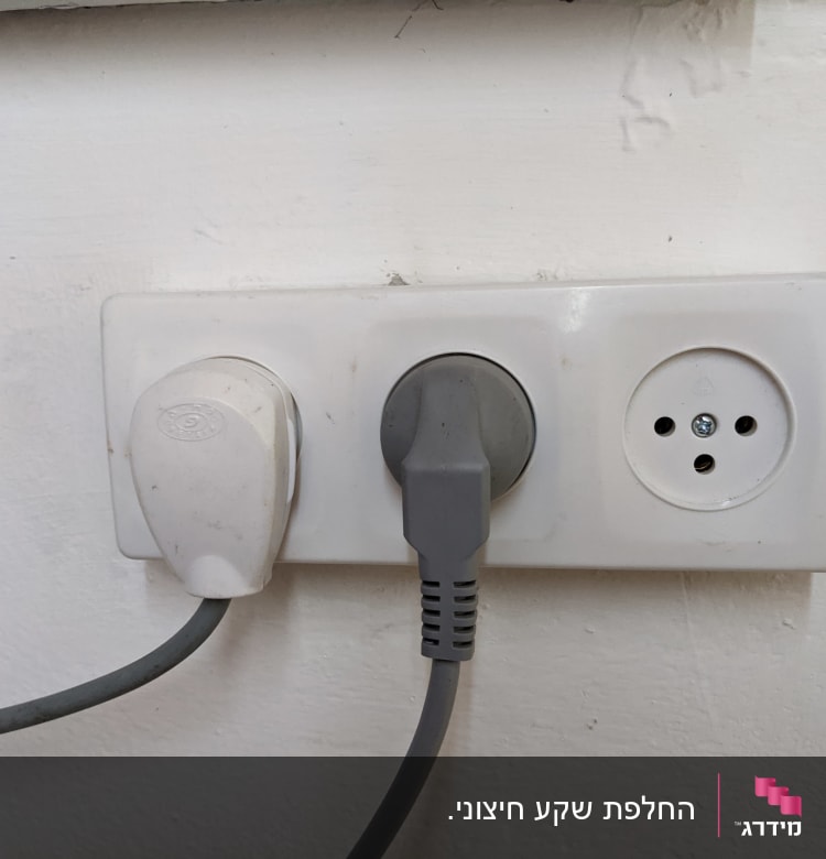 שני תקעים מחוברים לשקע חשמלי בקיר לבן